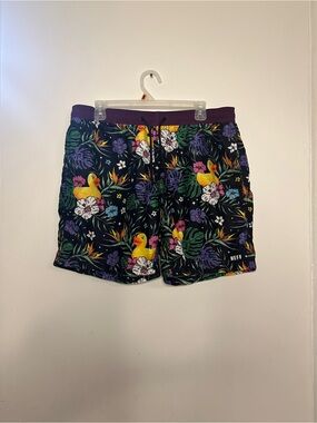 Neff Black Swim Shorts with Purple Waistband and Multi-Color Tropical Print